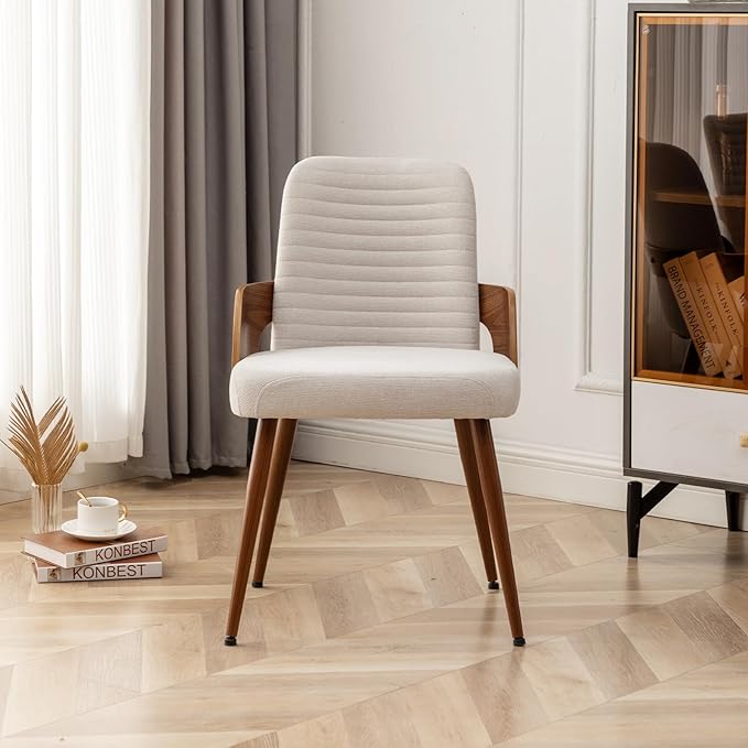 Dining Room Chairs Set of 2,Mid Century Modern Kitchen Chairs,Upholstered Beige Fabric Accent Chairs,Metal Legs Wooden Desk Chairs Armless and No Wheels for Kitchen Dining Living Room