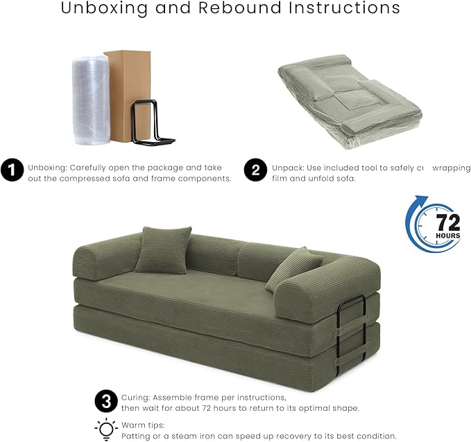 Compression Sofa - 79'' Convertible Sofa Bed, Boneless Couch in a Box, Modular Corduroy Foldable Sleeper Sofa with 2 Pillows, Loveseat Couches for Living Room (Corduroy Fabric, Green)