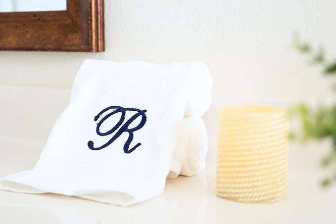 White Monogrammed Hand Towels for Bathroom - Luxury Hotel Quality Personalized Initial Embroidered Towel for Powder Room, Spa - GOTS Organic Certified - Pack of 2 Navy, Letter R