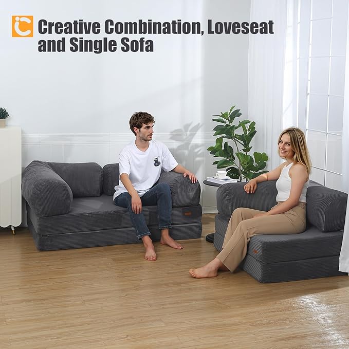 COMAX Folding Sofa Bed, Fold Out Chair Bed, Foldable Sofa, Convertible Sleeper for Adults, Futon Chair Single Small Floor Couch for Spaces, Bedroom Living Room Guest Room, Grey