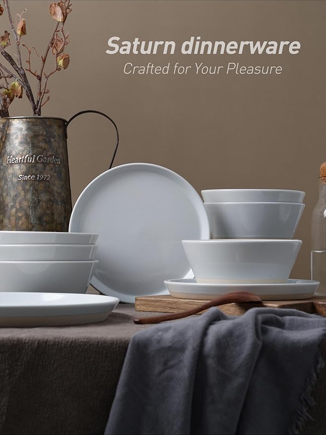 Famiware Saturn Dinnerware Set with Pasta Bowl, 16 Pieces Dish Set, Plates and Double Bowls Sets for 4, Chip and Scratch Resistant, Microwave and Dishwasher Safe Tableware, Light Gray