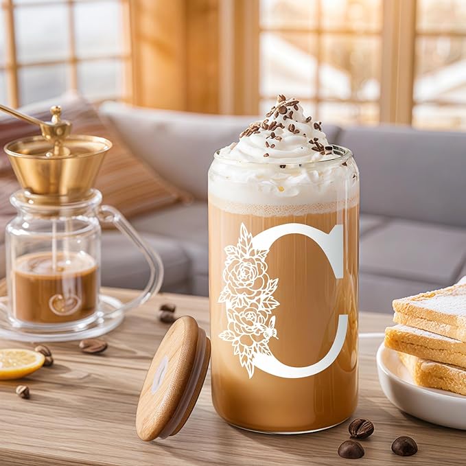 DWTS DANWEITESI Birthday Gifts for Women: Initial Glass Cup as Office Graduation Memorial Holiday Personalized Gifts - for Husband Aunt Uncle Teen Boy Employee Coworkers Him and Her - C Aesthetic Cup