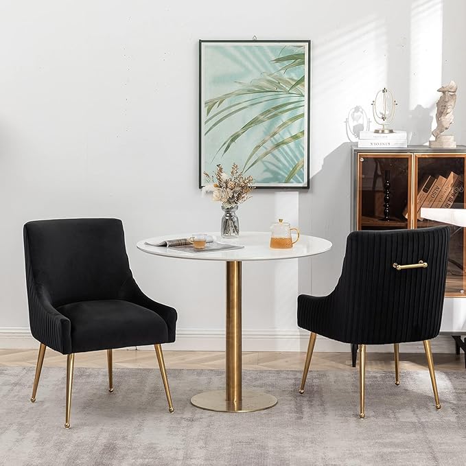 Dining Chairs, Accent Chairs Set of 4, Modern Upholstered Kitchen Dining Room Chairs with Gold Legs, Fabric Tufted Velvet Living Room Chairs for Reception Room Bedroom Guest Room (Black)
