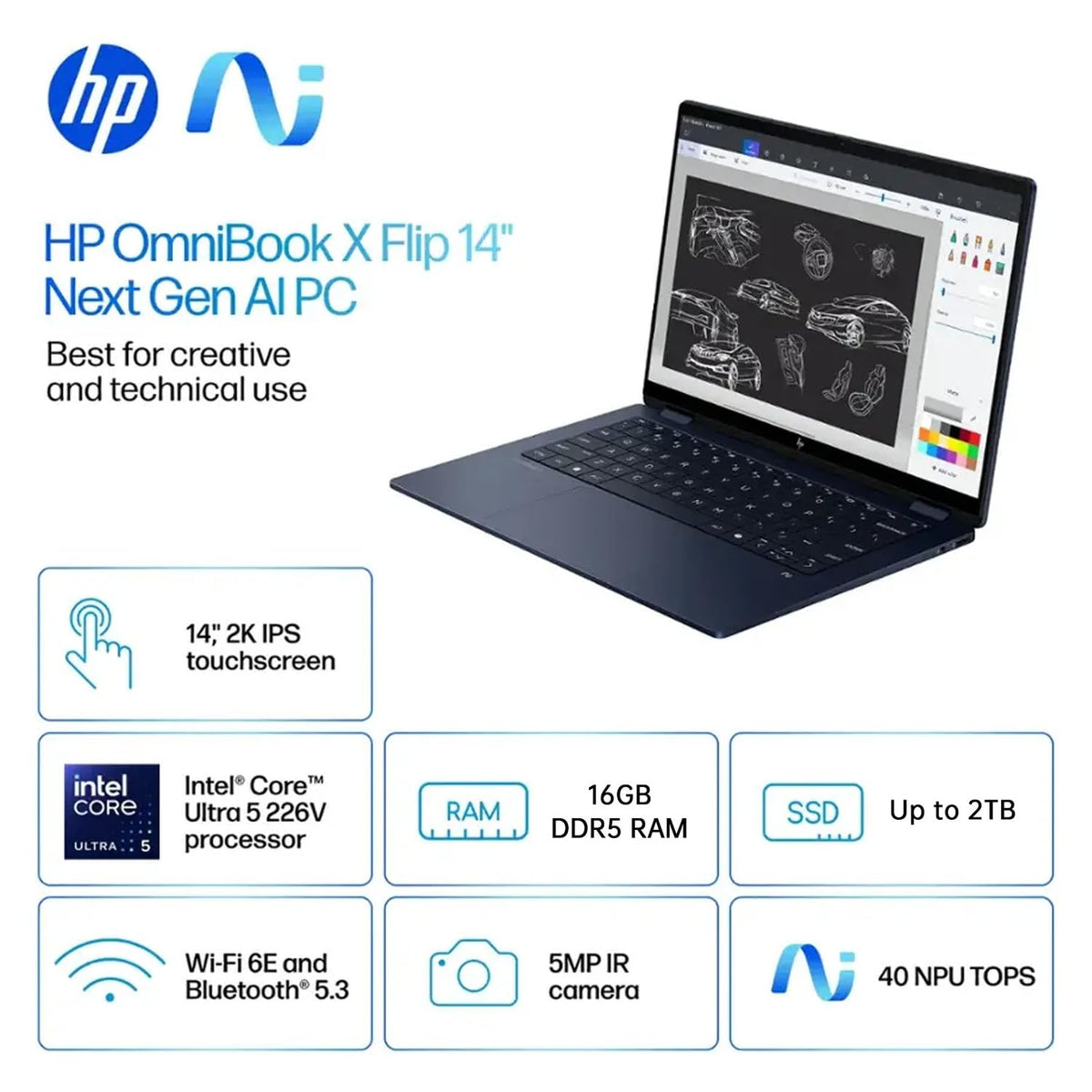HP OmniBook X Flip 14 2-in-1 Laptop, Laptop Touchscreen 14" WUXGA IPS, Intel 8-core Ultra 5 226V, Intel Arc 130V GPU, 16GB RAM 512GB SSD, Thunderbolt 4, Windows 11 with Stylus Pen