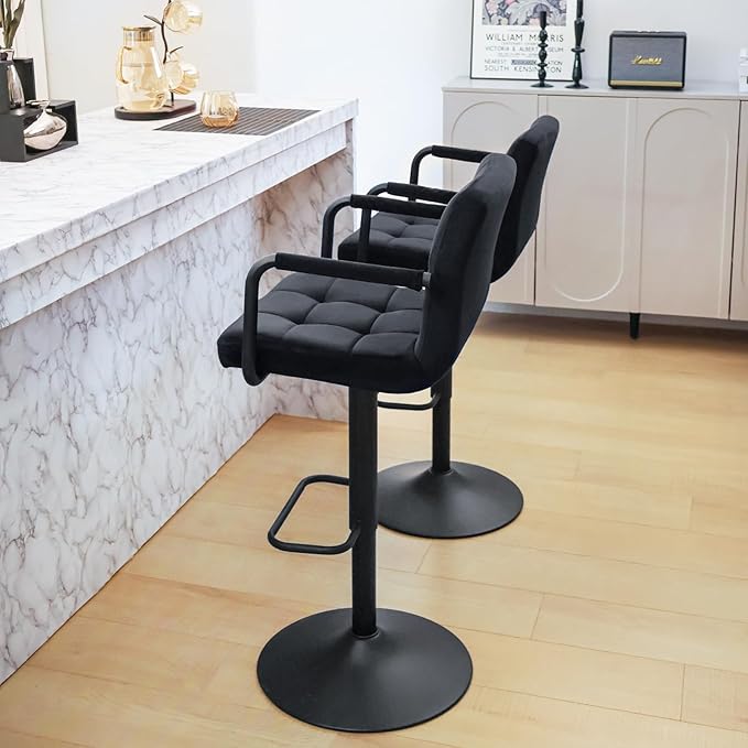 Furnimart Adjustable Bar Stool Swivel Barstools Set of 2 Counter Stools with Armrest and Footrest Upholstered Bar Chairs for Kitchen and Dining Room (Velvet-Black)
