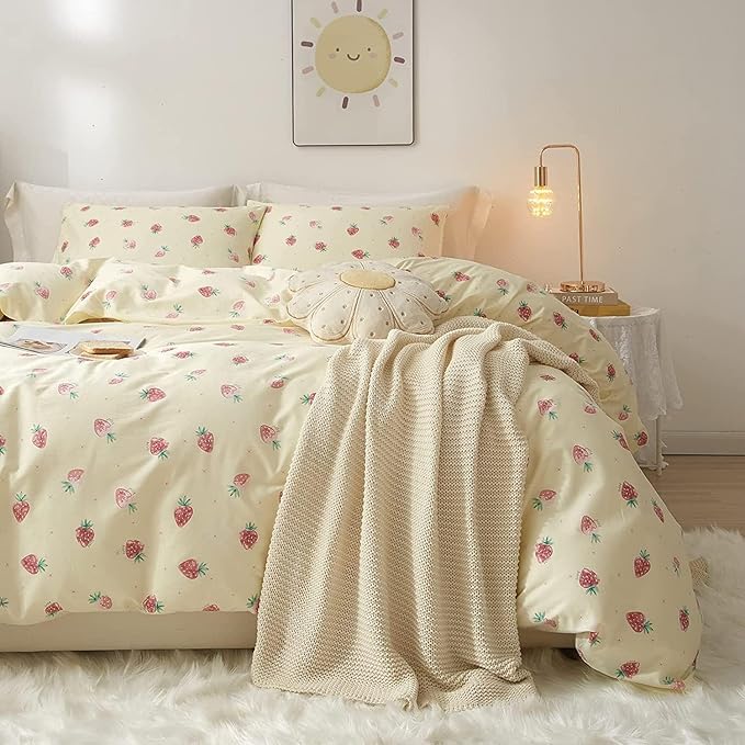 Kawaii Kids Strawberry Bedding Sets - Twin Duvet Cover & 2 Pillowcases, Soft 100% Cotton Comforter, Cream White