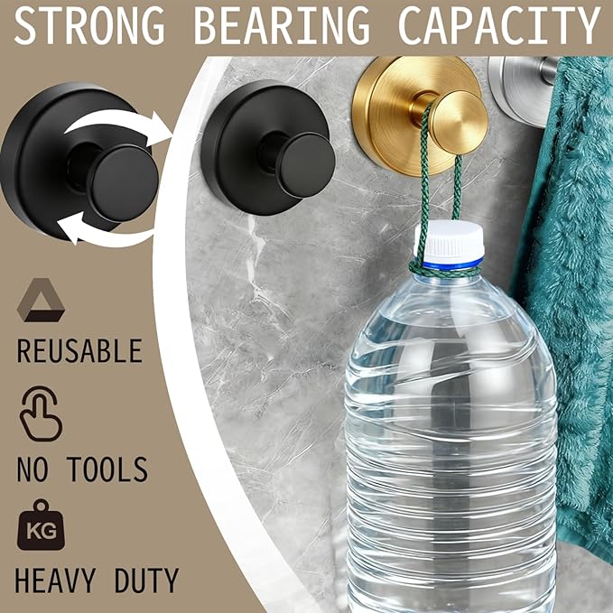4 PCS Upgraded Drill-Free Suction Cup Hooks, Shower Towel Hooks for Bathrooms Stainless Steel Suction Hook Towels Hanger for Bathroom Kitchen Clothes Mirror Wall (Black)