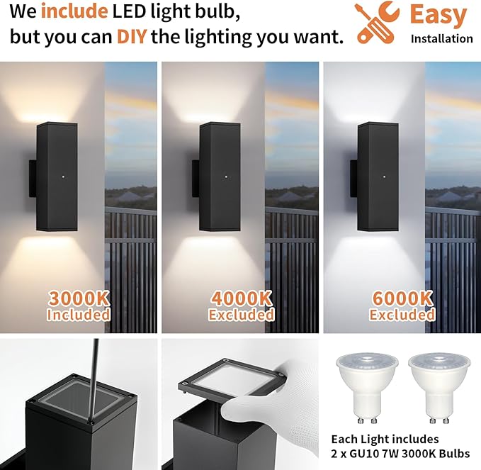 Dusk to Dawn Outdoor Lighting, LED Square Up and Down Outdoor Sconce Lights, Matte Black Exterior Lighting Fixtures with 7W LED Bulbs, Front Porch Lights for House, Garage, Patio, Doorway, 1 Pack