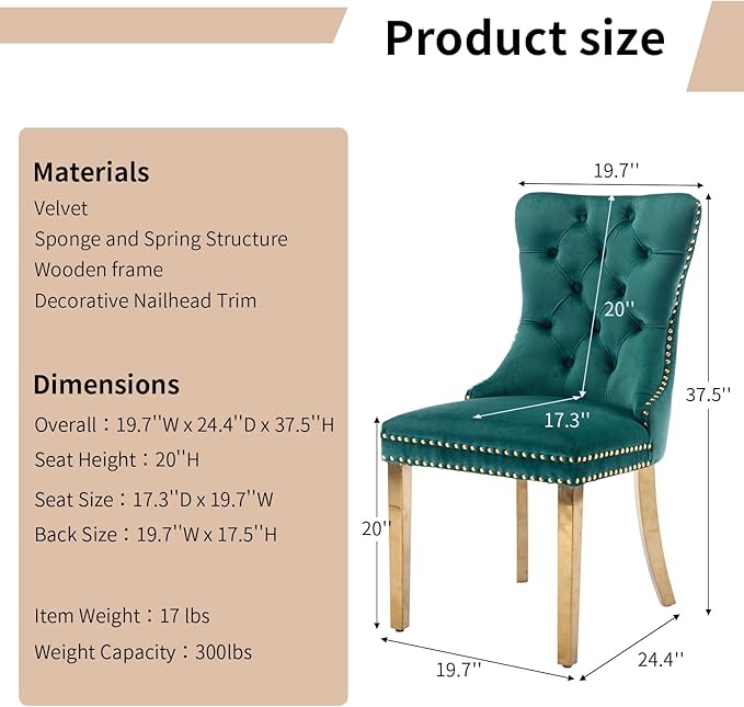 Luxury Upholstered Dining Chairs Set of 8, Green Kitchen Chair with Golden Metal Legs, Velvet Tufted Back Dining Chair, Sillas de Comedor, Modern Kitchen & Dining Room Chairs (Green, 8 Pcs)