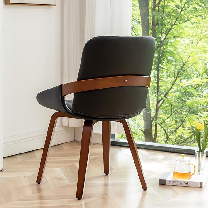 Mid Century Modern Faux Leather Upholstered Dining Chairs,Armless Accent Chairs with Sturdy Natural Wood Legs,Bamboo Backrest Support for Kitchen&Dining Room Chairs(Set of 4,Black PU)