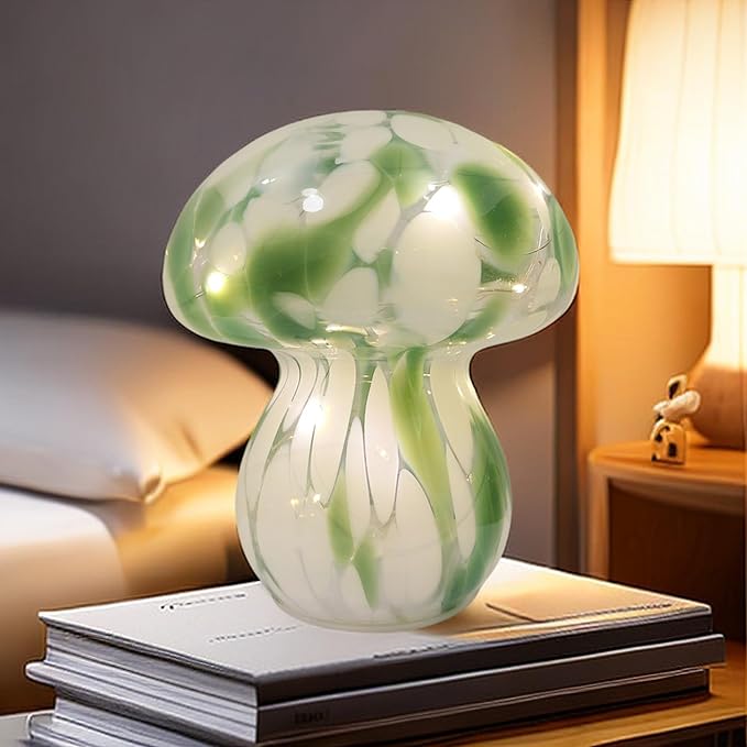 Mushroom Table Lamps Night Lights Cute Glass Nightstand Bedside Desk Lamps for Bedroom Living Study(Bulb Included) - Green