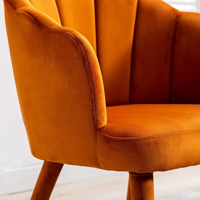 Velvet Dining Chairs Set of 2 Modern Living Room Chairs with Petal Back & Wood Legs Comfy Upholstered Side Chair for Dining Room/Bedroom/Vanity, Orange