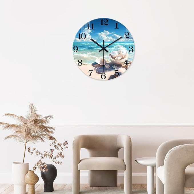 XNM Blue Beach Wall Clock for Office 24 Inch Giant Wall Clock Decorative Round Silent Clock for Wall