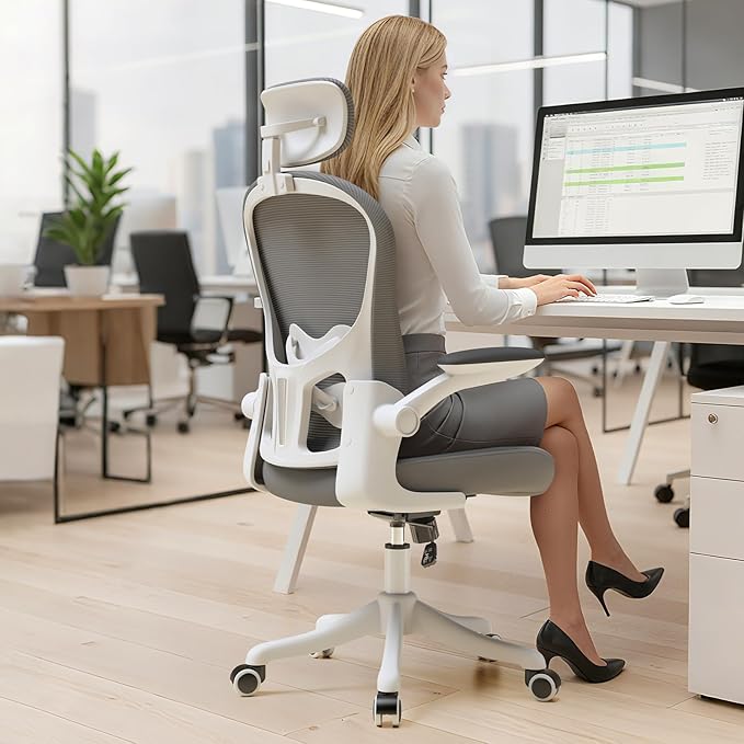 Ergonomic Office Chair with Adjustable Lumbar Support and Headrest, High Back Mesh Desk Chair for Home Office,Flip-Up Arms 90-120° Tilt Lock Rolling Swivel Task Chairs (White-Grey6065)