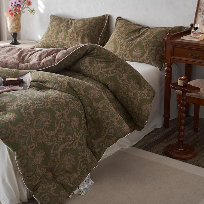 EAVD Paisley Floral Comforter Set Queen Soft 100% Muslin Cotton Boho Green Bedding Set with 2 Pillowcases Vintage Floral Botanical Comforter Set for All-Season