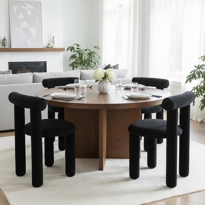 DUOMAY Modern Black Boucle Dining Chairs Set of 6, Sherpa Upholstered Kitchen Chairs Armless Barrel Back Dining Chair, Living Dining Room Chairs, Reception