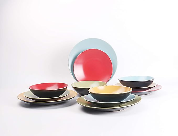 Stoneware Two-Tone Colors Life 12pc Dinnerware Set，Outside Shinny Black + Inside Matte Finished Very Funny - 4 Assorted Colors Turquoise, Olive, Curry, Red