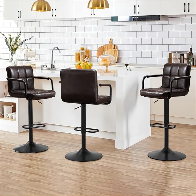Furnimart 30" Faux Leather Upholstered Bar Stool, Adjustable Counter Stools Bar Chairs Modern Design Swivel Barstools Hydraulic Stools for Kitchen and Dining Room Set of 2 (Leather-BlackBrown)