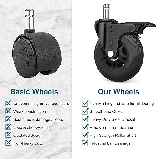 TICONN Office Chair Caster Wheels Set of 5 for Tile, Hardwood Floors and Carpets, Universal Fit for Most Chairs (Black with Brake)