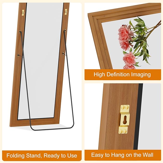 Full Length Mirror,71x32 Inch Full Length Mirror Wall Mounted,Vertical Hanging,Leaning Standing for Bedroom,Living Room,Rectangular Wooden Frame,Walnut Color.