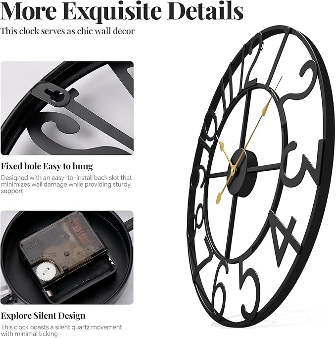 Black 16 Inch Wall Clock Decorative, Modern Metal Clock for Lving Room, Battery-Operated Silent Non Ticking Arabic Numerals Wall Clocks for Bedroom, Kitchen, Dining Room, Office