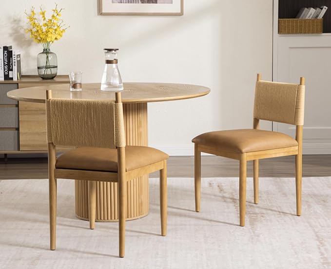 CIMOTA Faux Leather Modern Dining Chairs Set of 2, Mid Century Upholstered Dining Room Chairs with Woven Back, Armless Kitchen Chairs with Natural Solid Wood Legs, PU Brown