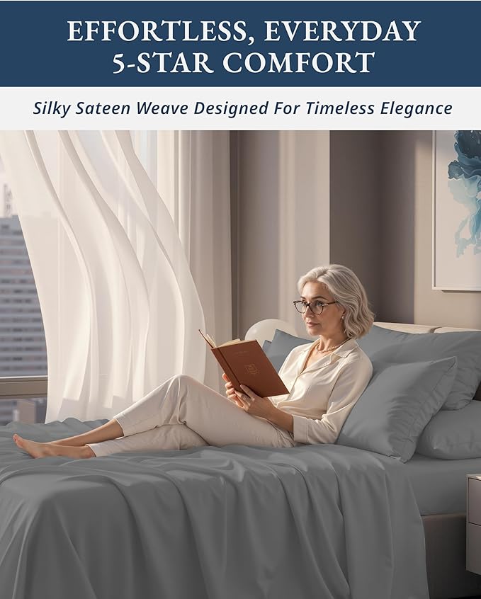 LANE LINEN 100% Egyptian Cotton King Sheets Set, Soft & Comfy Sateen Weave No Pill Mercerized Cotton Sheets King, Fully Elasticized Reinforced French Seam Fitted King Bed Sheets – Charcoal Gray