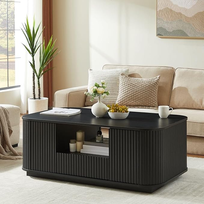 Coffee Table for Living Room, 46.5 Inch Modern Oval Coffee Table with Storage & 2 Drawers, Mid-Century Minimalist Wood Center Table with Hidden Compartments, Adjustable Feet (Natural)