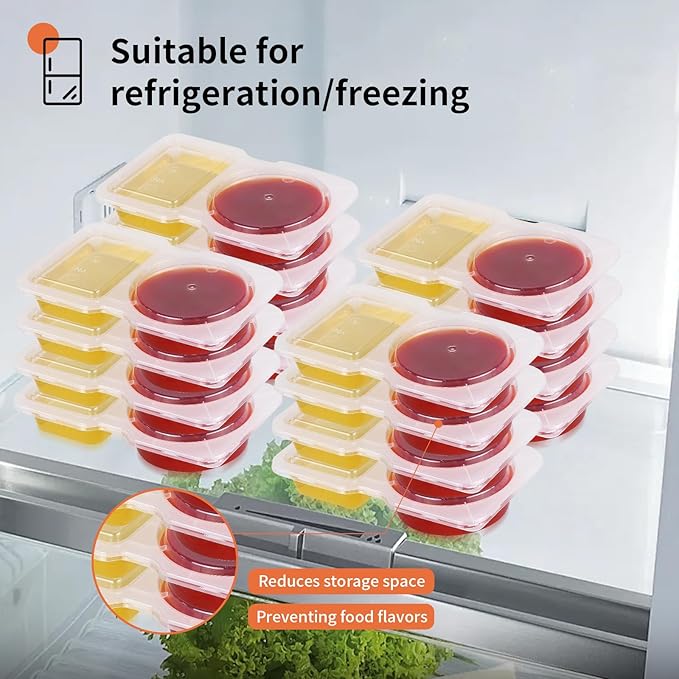 20 Pcs Double Compartment Condiment Container, Reusable Snack Containers, Condiment Containers with Lids, Sauce Containers for Snacks, Dips, Takeout, Travel and Outdoor Camping