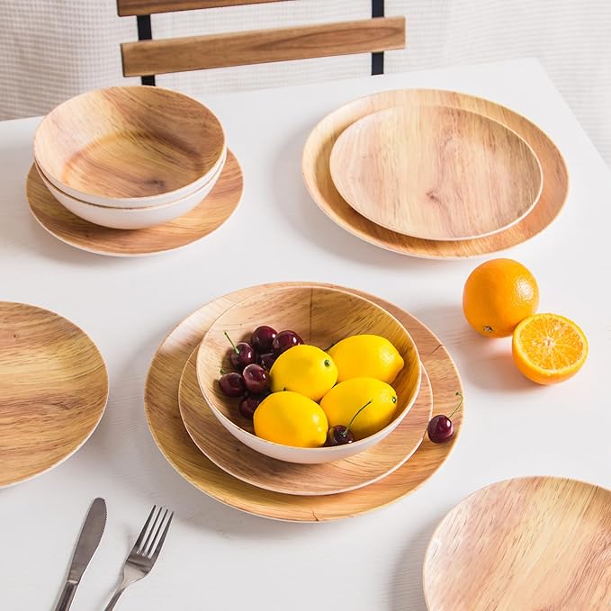 Melamine Dinnerware Set 18Pcs Wood-looking - Dish Dishware Wood Grain Woodland Plastic Outdoor Plates Bowls Durable Service for 6