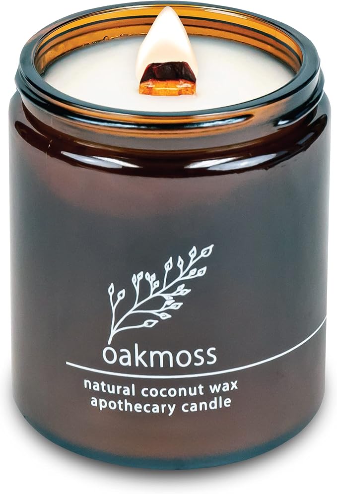Hemlock Park Crackling Wood Wick Candle Handcrafted with Natural Coconut Wax (Standard 8 oz, Oakmoss)