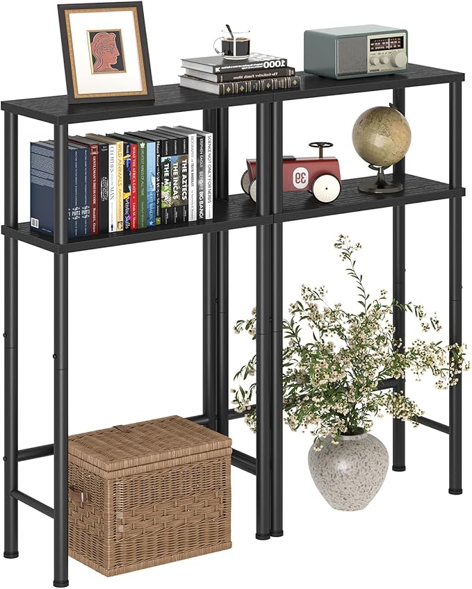 Narrow Console Table Set of 2, Small Entryway Table, 2-Tier Sofa Table with Storage, Skinny Console Tables for Entryway, Hallway, Bedroom, Living Room, Foyer, Black
