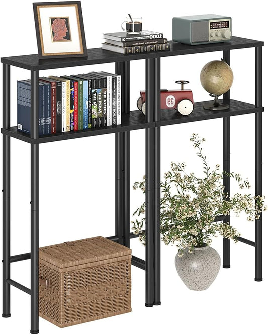 Narrow Console Table Set of 2, Small Entryway Table, 2-Tier Sofa Table with Storage, Skinny Console Tables for Entryway, Hallway, Bedroom, Living Room, Foyer, Black
