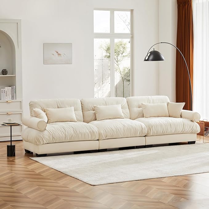 130" Oversized Couch, 3 Seater Modular Sectional Sofa, Beige White Large Sectional Couches for Living Room, Fluffy Couch Set, 3 Seater Velvet Cloud Couches with 5 Pillows, Deep Seat for Living Room