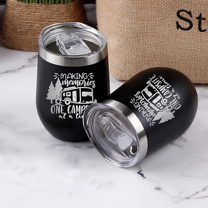 Camper Wine Tumbler Coffee Mug, Stemless Tumblers with Lid, Stainless Steel Insulated Vacuum 12 Oz, Camping Gifts, Making Memories One Campsite At A Time
