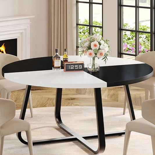 LVB Round Dining Table, Modern Wood Metal Kitchen Table, Industrial Small Dinner Room Table for 4 to 6 People, White and Black Oak, 42 Inch