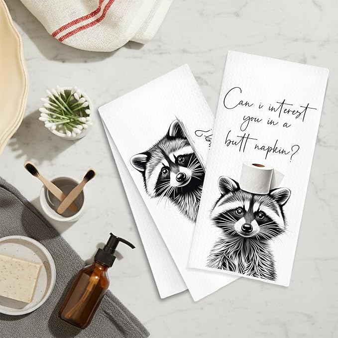 Funny Raccoon Hand Towels, Raccoon Bathroom Decor, are You Pooping Trash Panda Bears Animal Decorative Hand Towels for Bathroom Washroom Restroom Toilet, 16x24 Inch Set of 2
