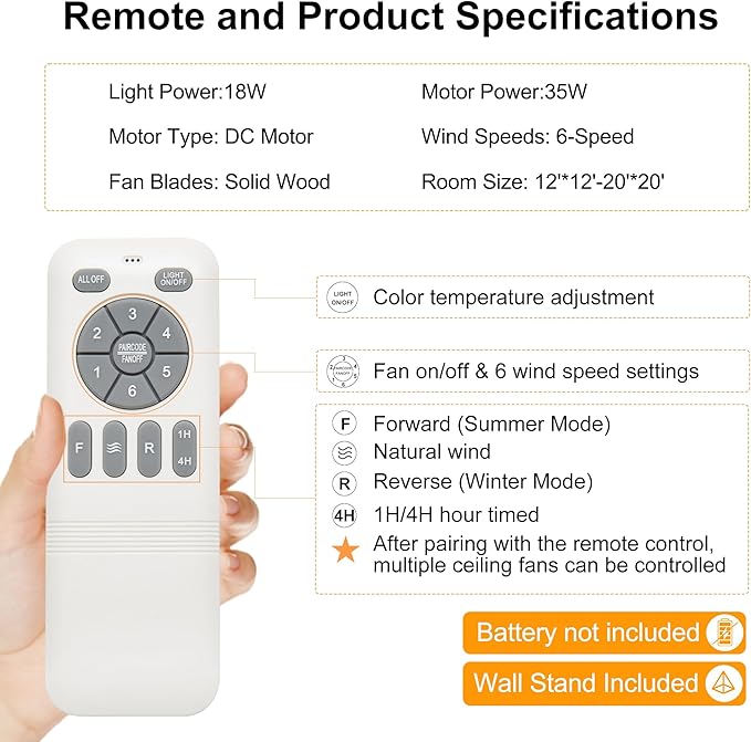 52" Ceiling Fan with Light - Low Profile Flush Mount Ceiling Fan, 6-Speed Remote Control, Solid Wood, Quiet Reversible DC Motor, Boho Style, for Bedroom, Living Room, Porch White/Gold