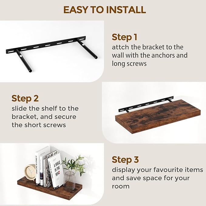 55 Inch Floating Shelves for Wall Set of 2, 55x9.3 Large Floating Shelf for Bedroom, Kitchen, Bathroom, Wall Mounted Rustic Wood Shelves with Invisible Bracket for Books, Decor, Rustic Brown