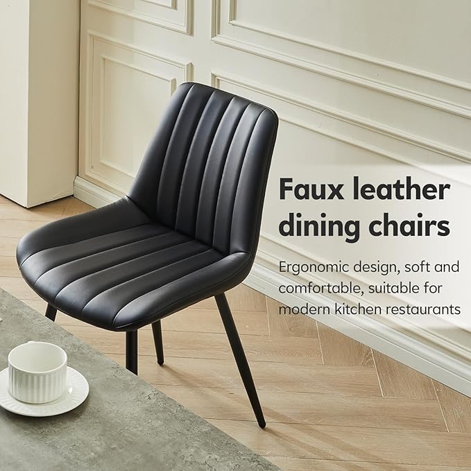 Dining Chairs Set of 4, Faux Leather Modern Linear Design Dining Chair with Metal Legs, 16.9" Seat Width Chair for Kitchen, Lounge, Reception Room, Restaurant, Commercial (Black)