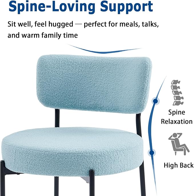 Blue Boucle Dining Chairs Set of 8, Upholstered Dinner Chair with Metal Frame, Dining Room Chairs with Padded Seat, Round Modern Seating for Living Room