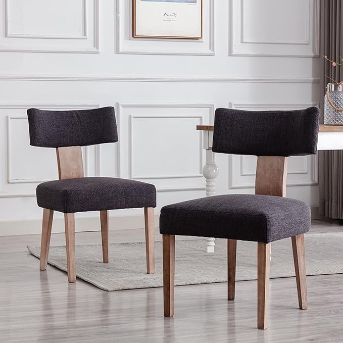 Linen Dining Chairs Set of 2, Modern Dining Chair with Curved Backrest and Wood Legs Upholstered Dining Chairs Farmhouse Dining Room Chairs Kitchen Chairs, Charcoal