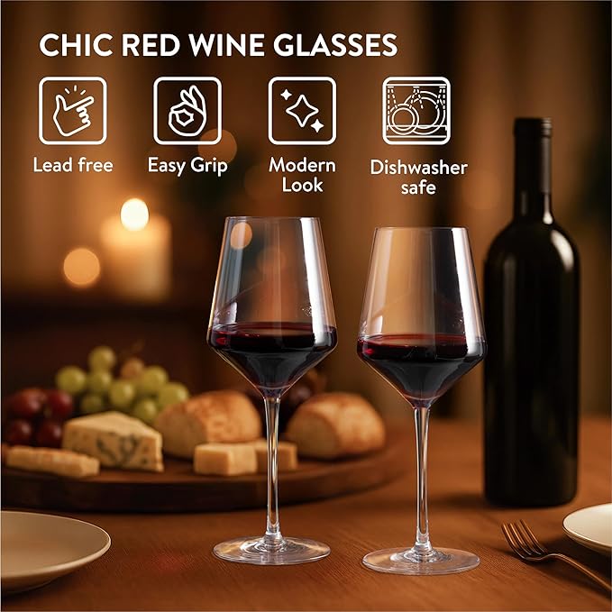Elixir Red Wine Glasses Crystal Set of 4 - Red Wine Glass Set - Made from Crystal - Luxury Hand Blown Glass - Fancy Modern Style Cups - Sommelier Style for Luxurious Drinking