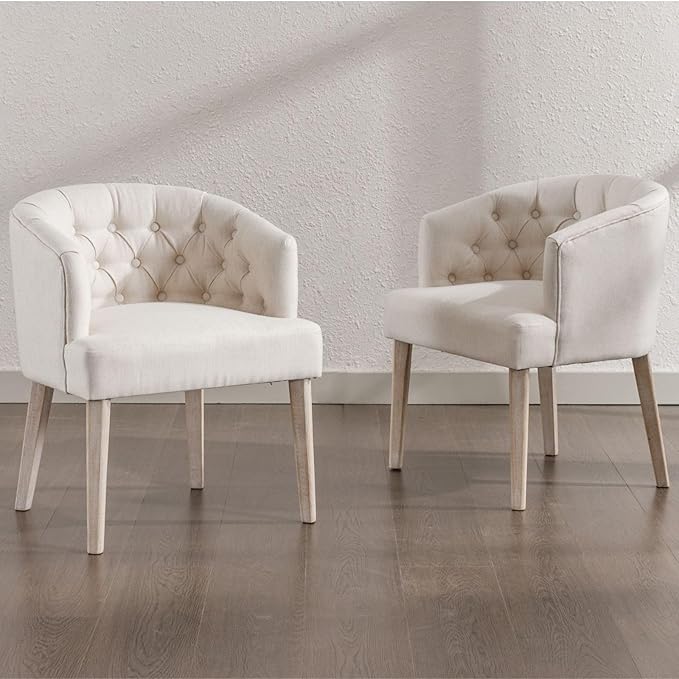 DUOMAY Modern Tufted Dining Chairs Set of 4, Linen Upholstered Side Chair, Comfy Accent Barrel Chair with Wood Legs for Home Kitchen Dining Room Living Room Restaurant, White