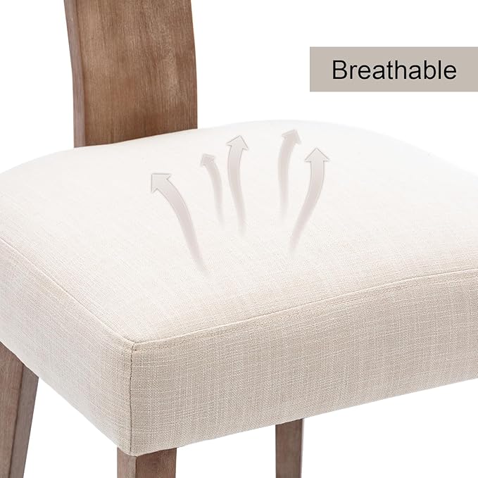 Rattan Dining Chairs Set of 2, Modern Dining Chairs, Kitchen Dining Room Chair, Curved Cane Back Upholstered Linen Fabric Dining Chair with Wood Frame, Beige