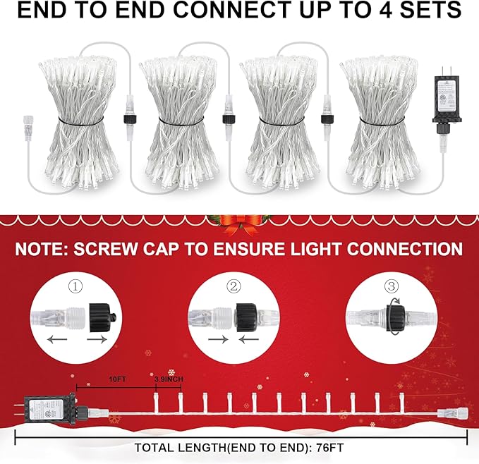 2-Pack Total 136FT 400LED Connectable String Lights Indoor Outdoor Clear Wire, Warm White Christmas Tree Lights Waterproof with 8 Modes & Timer, Twinkle Lights for Xmas Tree Decorations