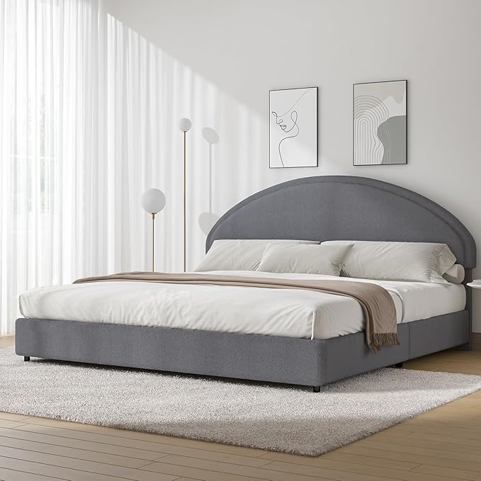 King Size Bed Frame, Upholstered Platform Bed with Headboard, Boucle Bed Frame with Round Conner, No Box Spring Required, Easy Assembly, Grey