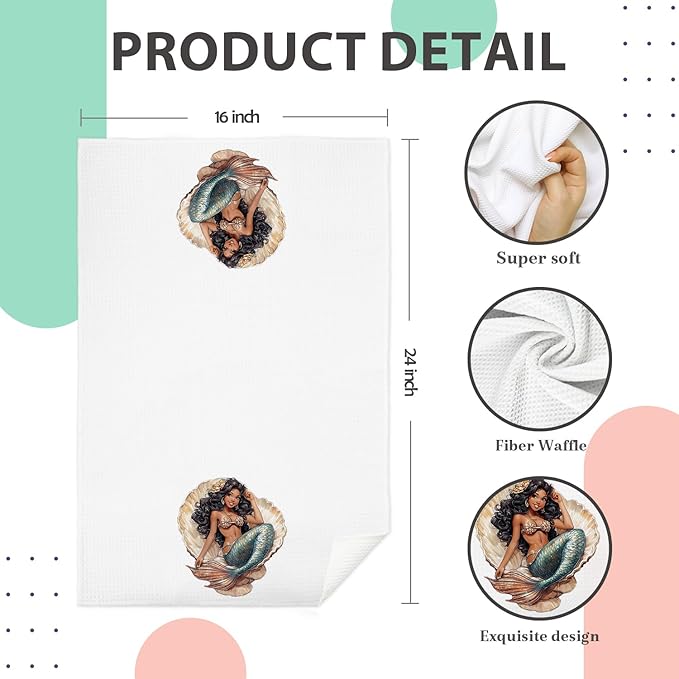 Black Mermaid Bathroom Hand Towels, Mermaid Girls Kids Bathroom Decor and Accessories, Coastal Beach Kitchen Towels, Nautical Dish Tea Towel for Kitchen, 16x24 Inch