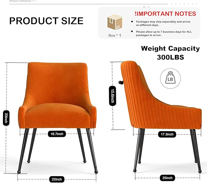 Velvet Dining Chairs Set of 2,Orange Upholstered Living Room Chairs with Black Metal Legs, Modern Tufted Accent Chairs for Living Room, Study Room, Kitchen