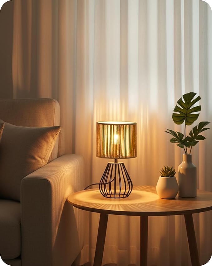 Small Bedside Lamp, Boho Table Lamp with Handwoven Paper Lampshade & Black Metal Base, Rattan Desk Lamp, Modern Nightstand Lamp for Bedroom, Living Room, 2700K LED Bulb Included, SW06TL05